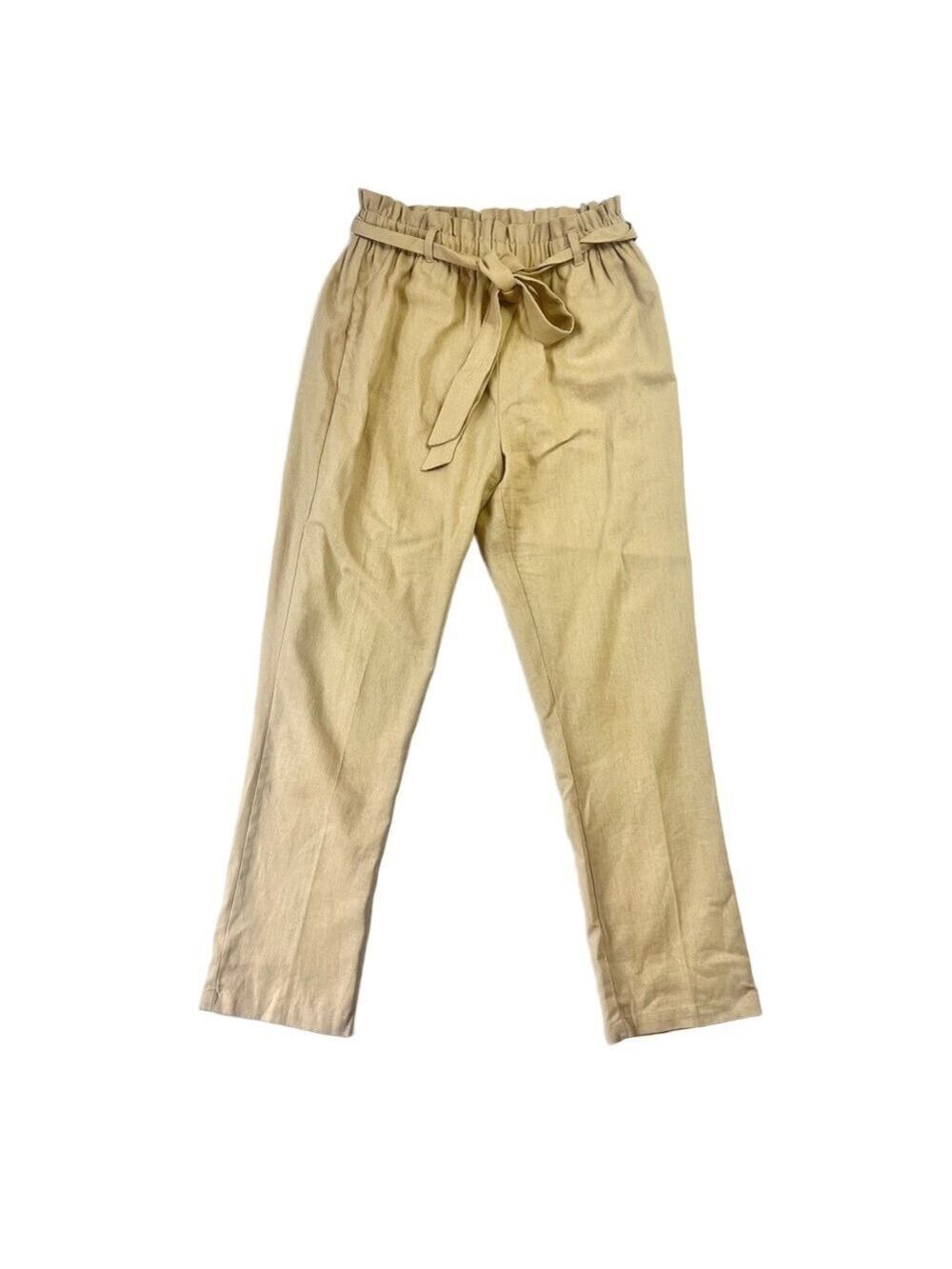 Active USA Paper bag Pants Linen Blend Women's Sz M Tan Pockets Elastic Waist